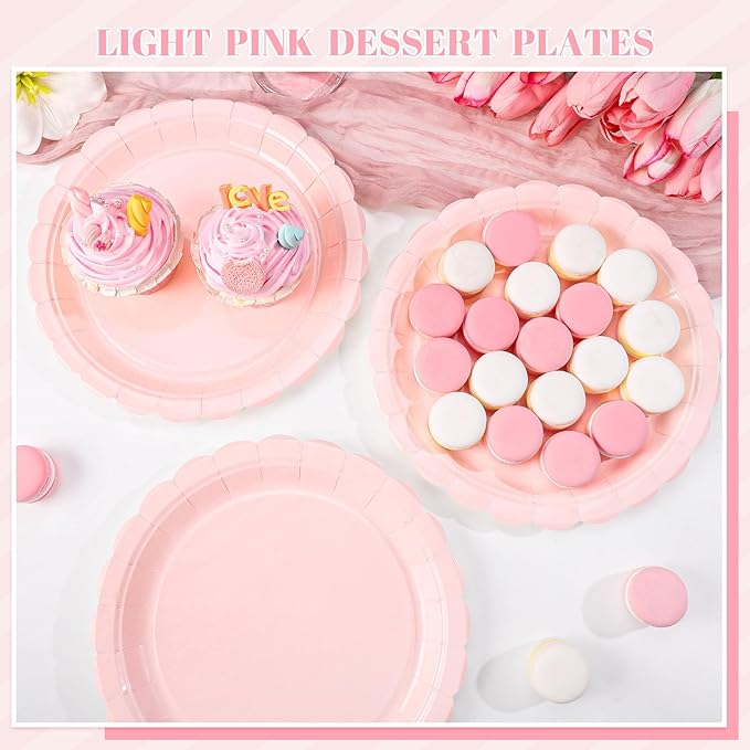 NatNarr 30 Pcs Pink Paper Plates 9 Inch Scalloped Pink Plates Cute Dessert Cake Party Plate for Girls Birthday, Baby Bridal Shower, Wedding