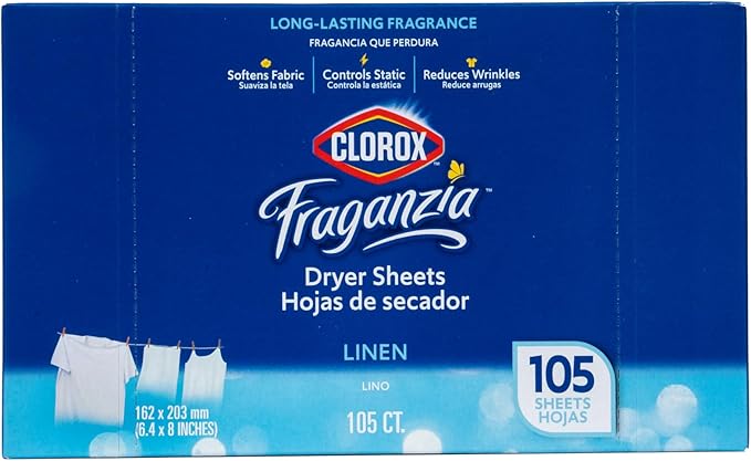 Clorox Fraganzia Fabric Softener Dryer Sheets, Wrinkle Reducing and Anti Static Laundry Dryer Sheets for Great Smelling Clothes, Softens Fabrics, Clean Linen Scent, 105 Count