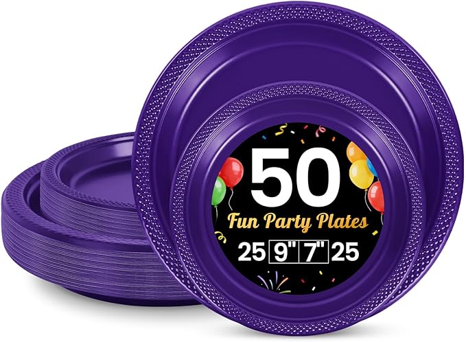 LANLISA 50 Pcs Purple Plastic Plates For Party, 25-9" & 25-7" Disposable Cake Dessert Plates For Birthday, Graduation, Mothers Day, Halloween Dinner