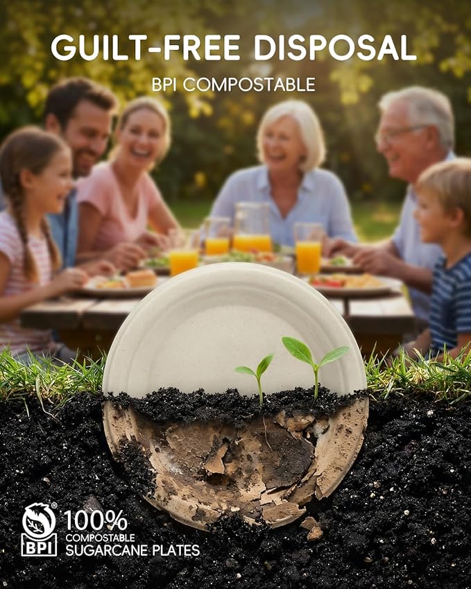 Goodluck 6 Inch Natural Compostable Plates 100 Pack, 100% FSC Certified Unbleached Bagasse Paper Plates, Heavy Duty Eco Friendly Disposable Plates for Party, Wedding, BBQ, Catering & Everyday Use