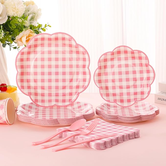 175 Pcs Pink Gingham Plates and Napkins Party Supplies - Pink and White Checkered Plates Sets Serve 25 Guests - Scalloped Gingham Paper Plate for Birthday Wedding Picnic Mother's Day Party Decorations
