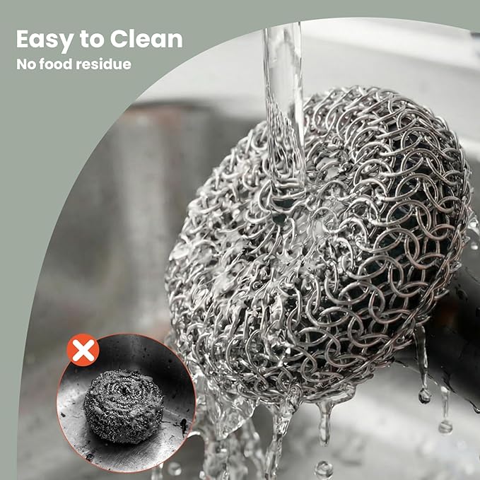 Cast Iron Scrubber with Long Handle | 316 Cast Iron Cleaner Chainmail Scrubber for Cast Iron Pan Skillet Cleaner - Dish Scouring Pad Dishwasher Safe Cleaning Kit (Black, 1 Scrubber + 1 Scraper)