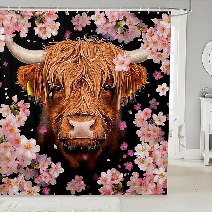 Cherry Blossom Shower Curtain Highland Cow Bathtubs Shower Curtain Set 72"Wx72"L,Ethnic Kawaii Pink Flower Bath Curtain Brown Longhorn Bull Cattle Hanging Curtain Farmhouse Western Animals Decor