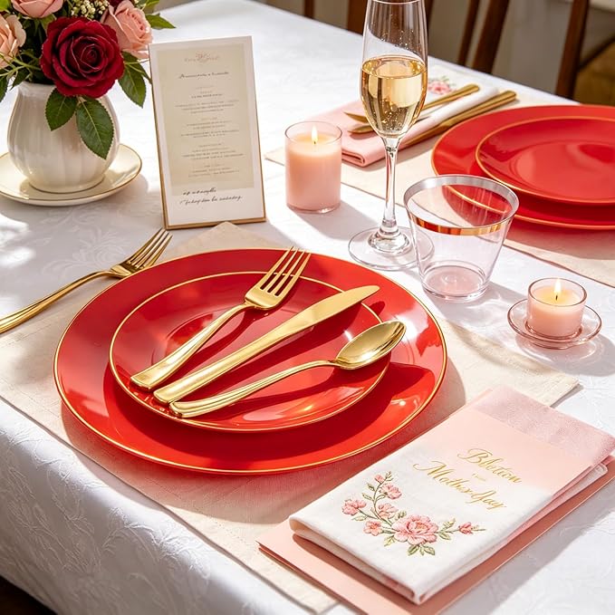 NOCCUR 350PCS Red Plastic Plates - Disposable Red Gold Dinnerware Set for 50 Guests, 100 Dinner/Dessert Plates, 150 Gold Silverware, 50 Cups&50 Napkins for Party/Wedding/Mother's Day