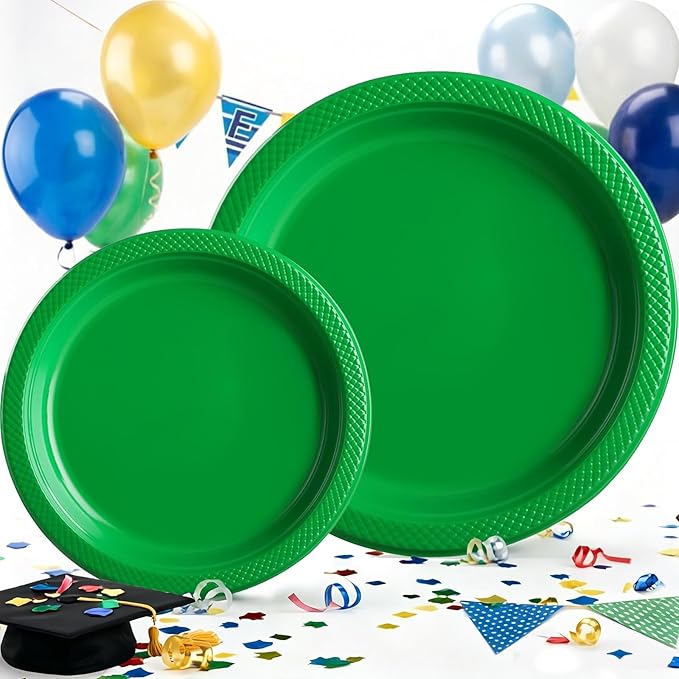 40 Pcs Green Plastic Plates for Graduation Party, Green Disposable Plates Heavy Duty, 20-9" and 20-7" Green Plates for Birthday Soccer Party
