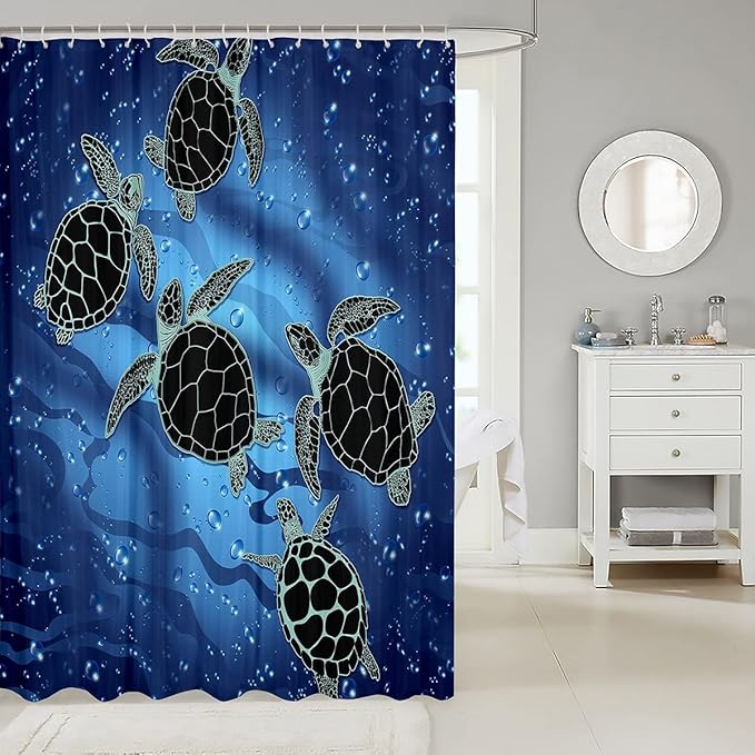 Tribal Sea Turtles Shower Curtain Dark Blue Ocean Bath Curtain for Teens Boys,Exotic Tortoise Waterproof Shower Curtain Tropical Coastal Creature Toilet Decor Nautical Sea Animal Bath Decor 72"Wx78"L