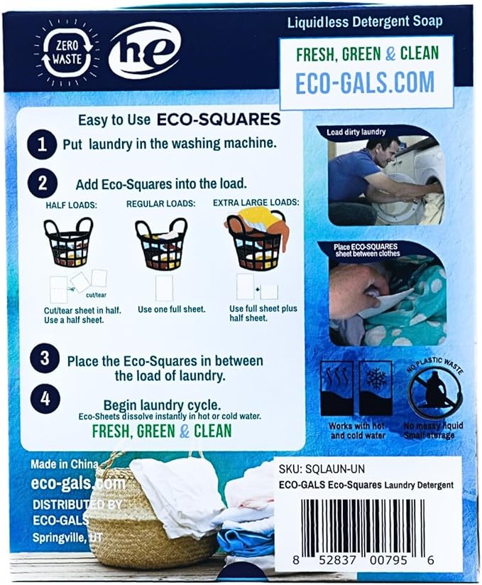 Eco-Gals Eco-Squares laundry detergent sheets with zero waste dry soap technology for cleaning linen and clothes in regular and high efficiency top or front load washing machines, Unscented