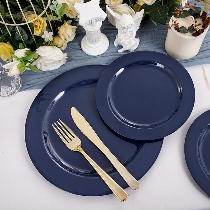 FLOWERCAT 100PCS Blue Plastic Plates - Heavy Duty Blue Disposable Plates for Memorial/Birthday Party/Graducation - Include 50PCS 10.25inch Dinner and 50PCS 7.5inch Dessert/Salad Plates for 50 Guests