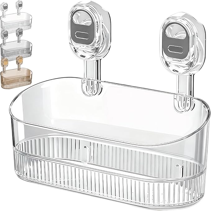 No-Drill Bathroom Suction Storage Box – Large Capacity & Strong Load-Bearing, No Drill Bathroom Shelves Storage with Drain Holes (1, Clear)