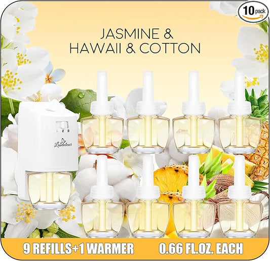 Plug In Air Freshener Starter Kit with Warmer – 9 Scented Oil Refills + 1 Diffuser in Jasmine, Hawaiian, Cotton, 5.94 Fl Oz, Compatible with Air Wick & Glade, Not Include Glade Plus