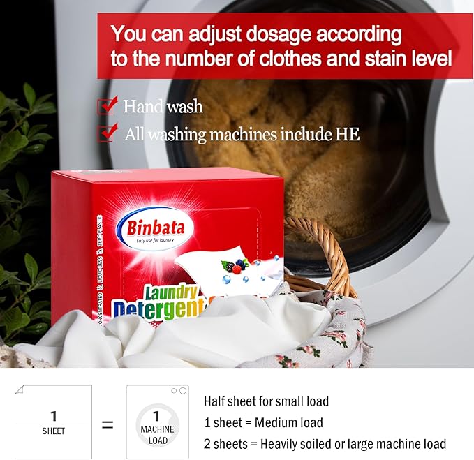 Binbata Laundry Detergent Sheets, Up To 128 Loads Berry Scent Hypoallergenic Eco-Friendly, Biodegradable Plastic Free Liquidless Laundry Sheets Suitable for Sensitive Skin