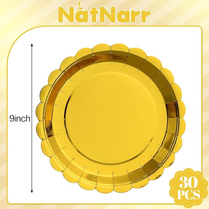 NatNarr 30 Pcs Gold Plates Disposable 9 Inch Scalloped Gold Paper Plates Dessert Cake Plate Cute Party Plate for Wedding, Birthday, Holiday