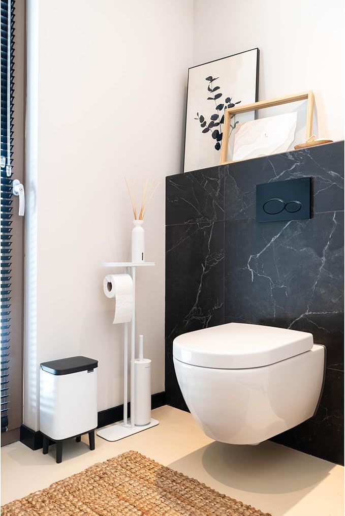 Brabantia Mindset Toilet Butler | Mineral Fresh White | Freestanding All-in-One Bathroom Accessory Set | Toilet Paper Holder Stand, Integrated Shelf & Toilet Brush & Holder | Bathroom Phone Holder