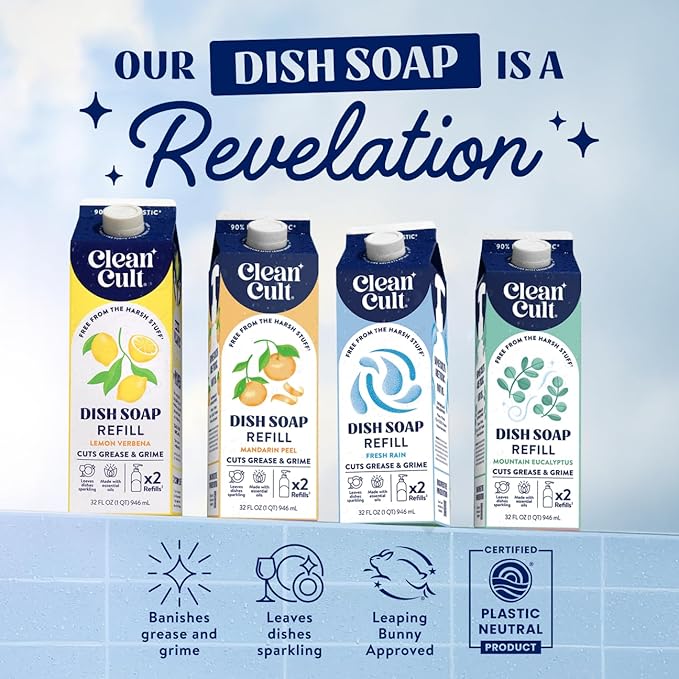 Cleancult Dish Soap Liquid Refills (32oz, 1 Pack) - Dish Soap that Cuts Grease & Grime - Free of Harsh Chemicals - Paper Based Eco Refill, Uses 90% Less Plastic - Sweet Basil