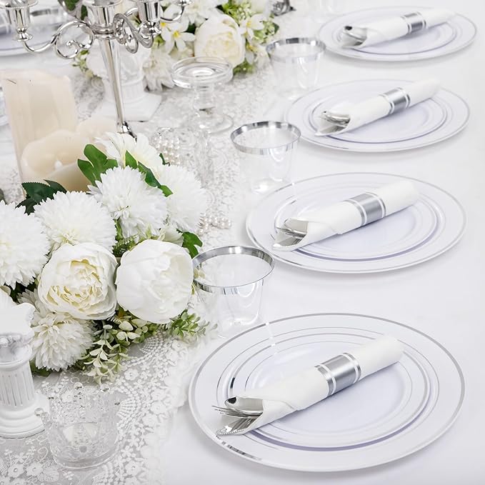 WELLIFE 210 Piece Silver Plastic Dinnerware Set for 30 Guests, Include: 30 Dinner Plates, 30 Dessert Plates, 30 Pre Rolled Napkins with Silverware and 30 Silver Cups