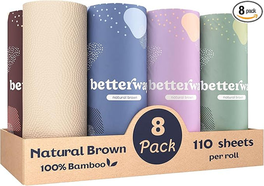 Betterway Bamboo Natural Brown Paper Towels - 8 Rolls, 2 Ply, 110 sheets - Plastic Free, PFAS Free, Disposable Kitchen Paper Towels - Select Size, Tree Free, Compostable, Strong & Absorbent