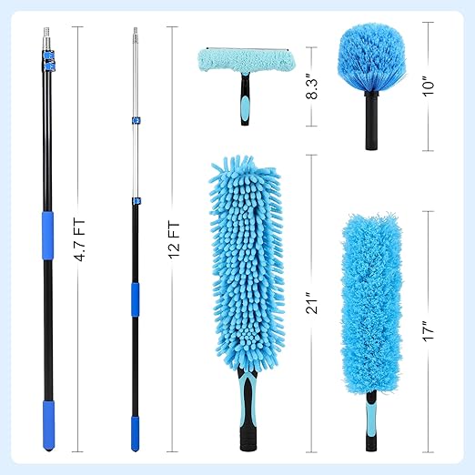 20ft High Reach Duster Kits, Heavy Duty High Reach Duster Kit for Cleaning, Spider Web Brush, Washable Dust Brush for High Roof and Glass Surfaces (with 5-12ft Extension Pole)