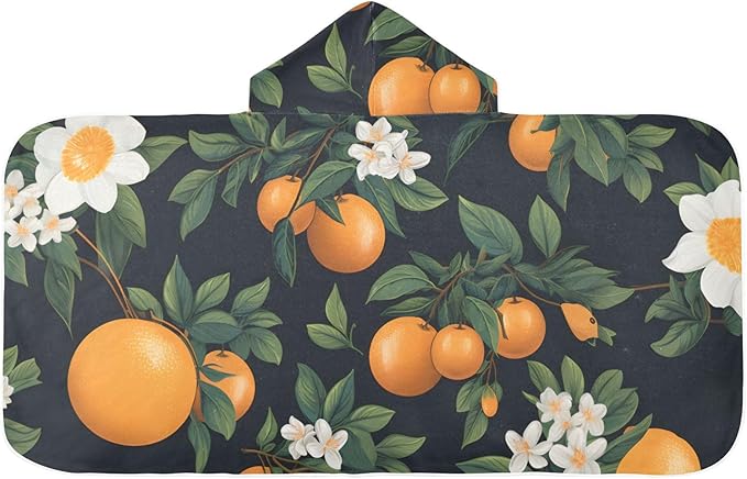 Hooded Towel for Kids Orange Fruit and Flowers Pattern Beach Wrap Bath Towels 50x23.5in