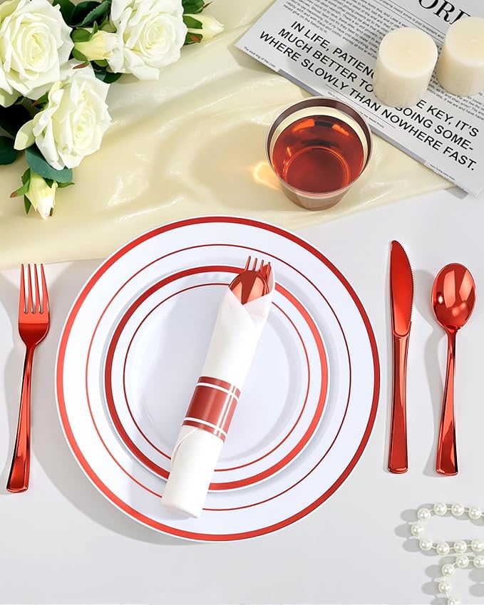 Goodluck 350 Piece Red Plastic Dinnerware Set for 50 Guests, Fancy Disposable Plates for Party, Include: 50 Dinner Plates, 50 Dessert Plates, 50 Pre Rolled Napkins with Silverware, 50 Cups