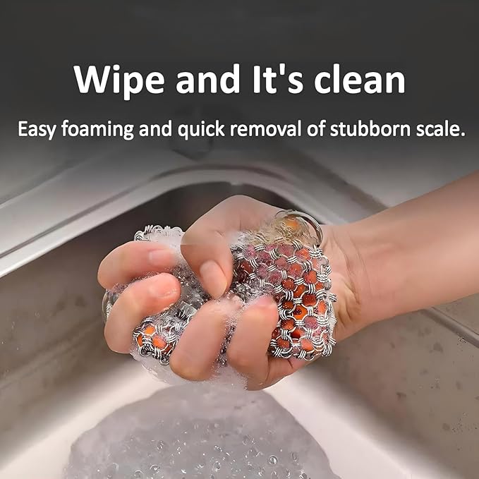 2026 Upgrade 316 Stainless Steel Pan Cleaner,4.5 Inch Triple-Ring Chain Mail Scrubber with Silicone Core, Cast Iron Pot Brush for Easier Removal of Stubborn Oil Stains & Food Residue–Orange