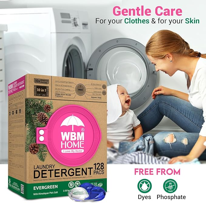 WBM Laundry Detergent Pods - Ultra-Concentrated, Hypoallergenic, Stain-Fighting, Evergreen Scent, 128-Pack, Recyclable Packaging for Eco-Friendly Cleaning