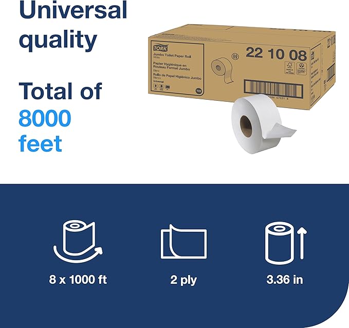 Tork Jumbo Toilet Paper Roll White T22, Universal, 2 ply, 8x1000', 221008