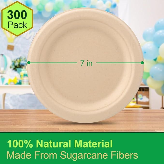 Small Paper Plates 7 inch, 300 Pack Disposable Paper Plates Bulk, 100% Compostable Dessert Plates, Biodegradable Recycled Paper Plates, Brown