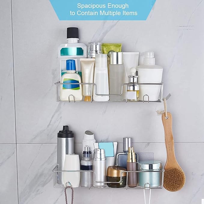 Shower Shelf with Hooks,No Drilling Adhesive Shower Shelf for Bathroom Storage,Rustproof Shower Organizer