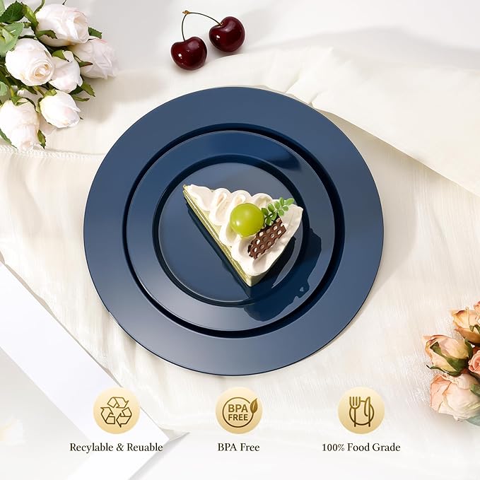 Goodluck 200PCS Navy Blue Plastic Plates, Heavy Duty Disposable Blue Plates with 100 10.25 inch Dinner Plates and 100 7.5 inch Dessert Plates for Party, Holiday, Wedding