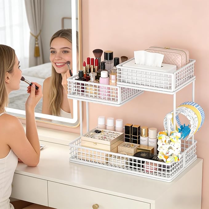 3-Tier Metal Bathroom Countertop Organizer, Makeup Organizer for Vanity Countertop, Bathroom Shelf for Skincare, Perfume & Cosmetics, Multipurpose Storage Rack for Kitchen, Bedroom & Office (White)