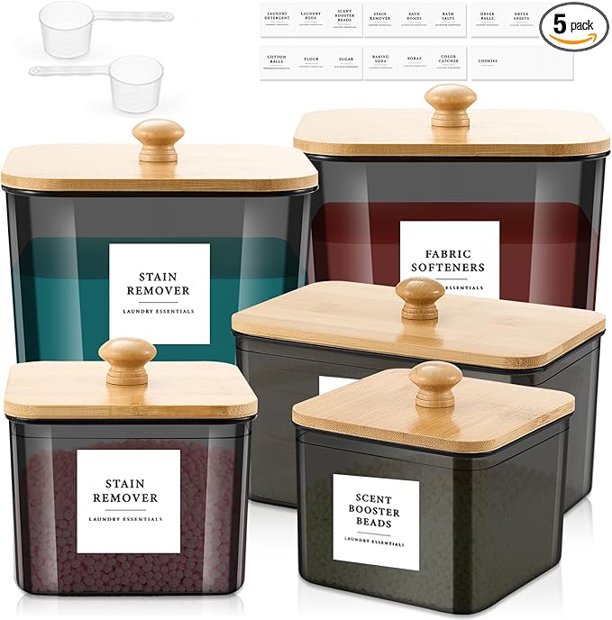 Cinnvoice 5 Pcs 3 Sizes Laundry Powder Container Plastic Laundry Organizer and Storage Jars with Lids Scoops and Labels Laundry Detergent Storage for Laundry Room Organization