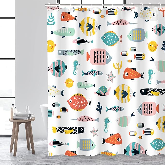RosieLily Fish Shower Curtain, Kids Bathroom Shower Curtain, Nautical Shower Curtain Set with 12 Hooks, Waterproof Colorful Animal Cartoon Fish Bathroom Decor, 72x78
