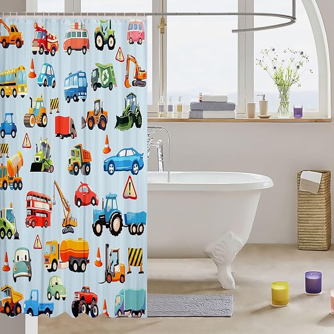 Cartoon Car Bathroom Waterproof Accessories with 12 Hooks Teens Cartoon Transportation Car Decor Fabric Shower Curtains for Kids Boys Girls Truck Bus Taxi Shower Curtain Vehicles Blue,72x72 Inches