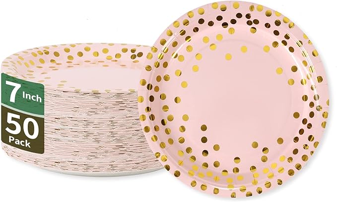 Pink & Gold Dots Disposable Paper Plates, 50 PCS Party Supplies Dessert Plates for Birthday Wedding Bridal Shower (7 Inches)