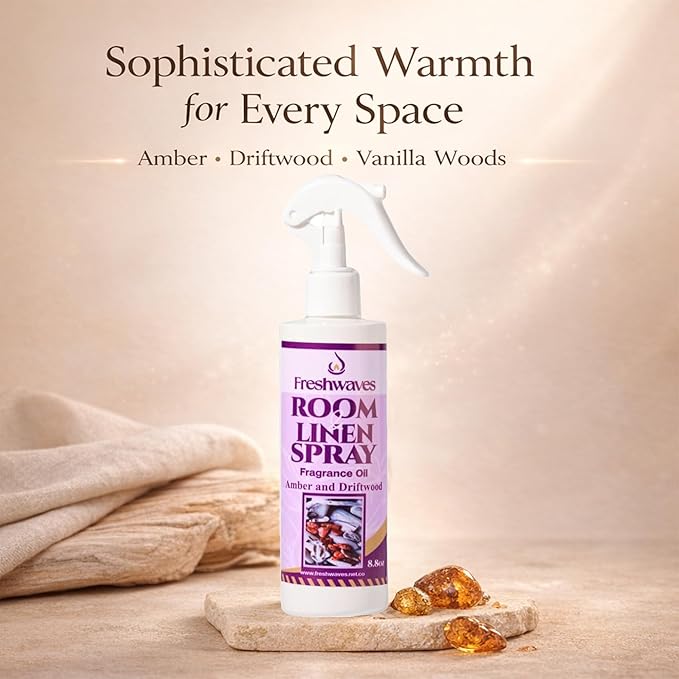 Freshwaves Room & Linen Spray | Amber & Driftwood Fragrance Oil | 8.8oz Air Freshener | Odor Eliminator for Living Room, Bedroom, Bathroom & Office | White Bottle