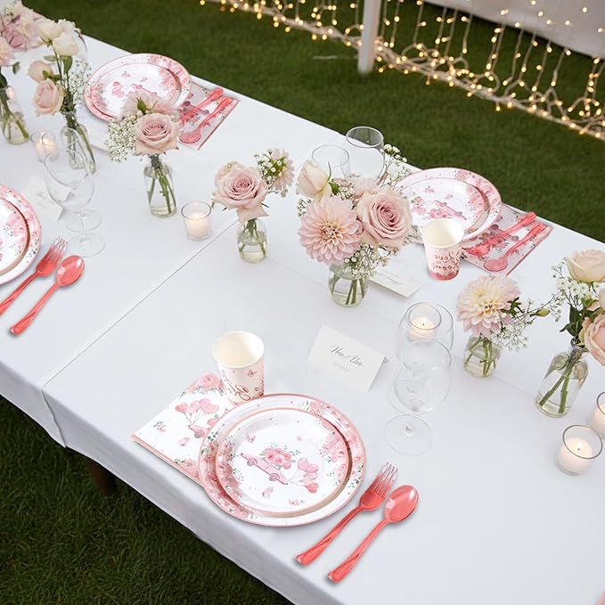 Love in Bloom Bridal Shower Decorations,168pcs Bridal Shower Plates and Napkins Sets Serves 24 for Pink Floral Wedding Party Supplies,Spring Love in Bloom Party Decorations, Baby Girl Shower