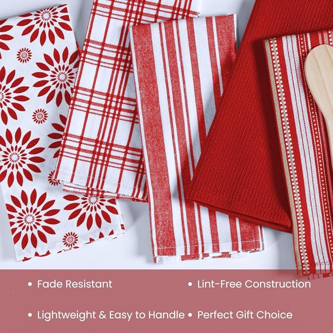 Assorted Kitchen Towels Large 16x26 inch 100% Cotton Set of 5 - Soft Absorbent Washable Tea Towel for Kitchen - Dish Cloths Towel with Hanging Loop - Quick Drying Dish Towels Red