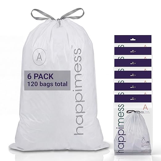 happimess 8 Gallon (30L) Drawstring Trash Bags, Unscented, Clear, Heavy Duty LDPE Liners for Kitchen and Household, Custom Fit 120 Count (6 Packs of 20 Liners) HPM3000A-C-6SET
