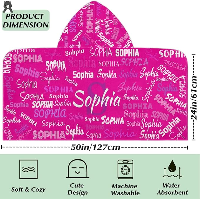 Custom Name Beach Towel for Boys Girls, Kids Babies Personalized Name Hooded Beach Towel Quick-Drying for Beach, Travel, Camping, Seaside, Swimming, Rosy Pink Color Background