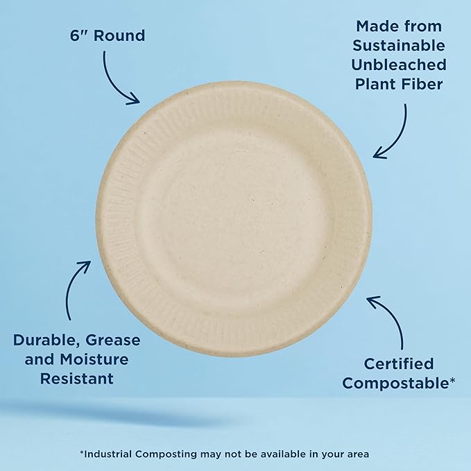 World Centric Compostable Plates 6" - Unbleached Plant Fiber. Grease Resistant - 250 Pack