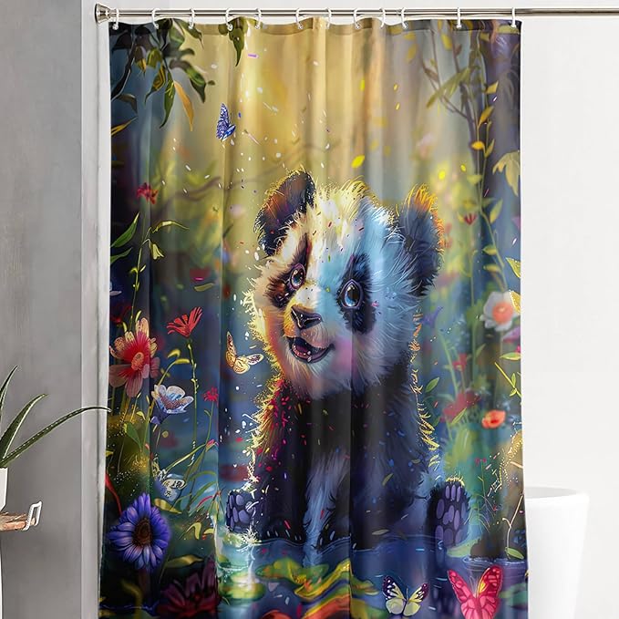 AILONEN Kawaii Panda Shower Curtain Set,Cute Animal Bathroom Decor for Kids Boys Girls,Floral Panda Waterproof Fabric Polyester Bath Curtain with Hooks,72" Wx72 H
