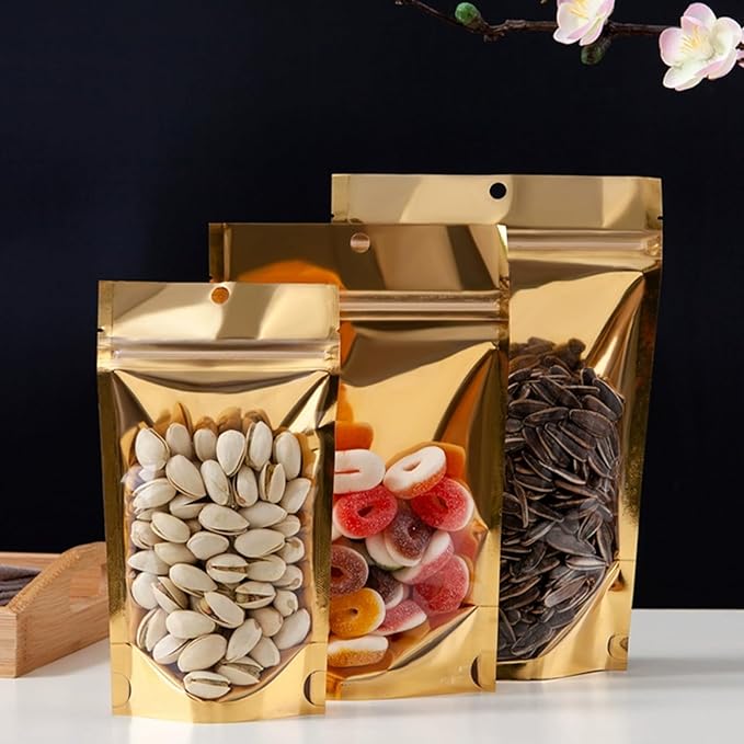 300 Pcs Mylar Bags for Food Storage 4x6 Mylar Bag with Window Stand Up Small Resealable Bags Smell Proof Bag Food Packaging for Small Business Freeze Dried Candy Jewelry Foil Packaging Gold