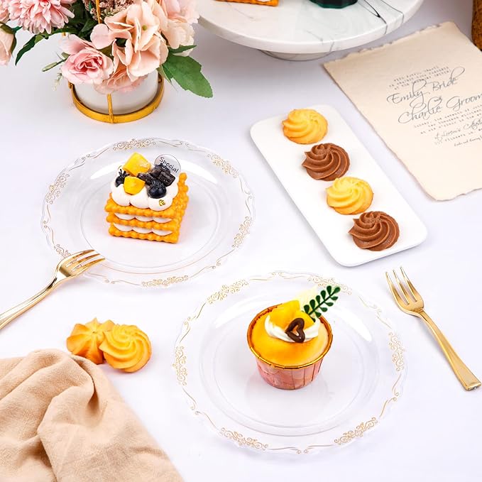 LIYH 200 Pcs Clear Gold Plastic Dessert Plates 7.5"and Cake Forks 5" - Clear Small Cake Plastic Plates and Gold Forks for Parties Wedding Birthday