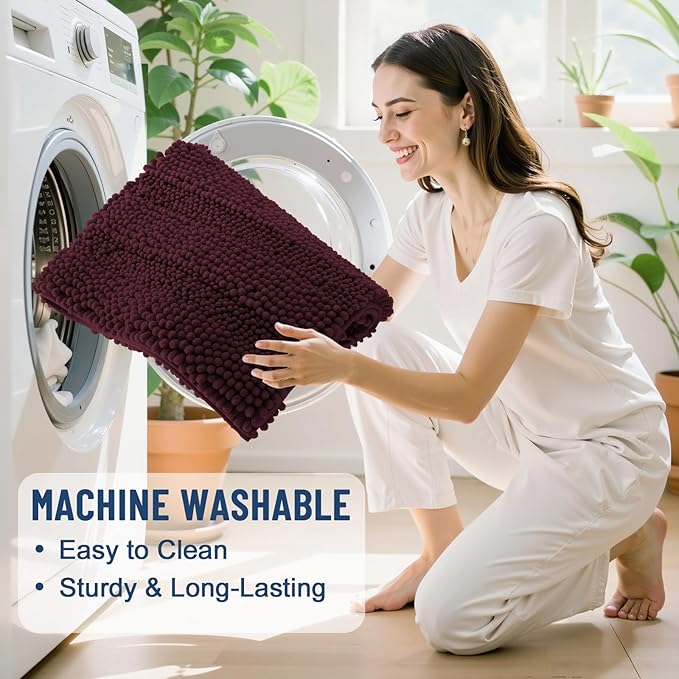 Grandaily Chenille Striped Bathroom Rugs 44x24, Extra Thick and Soft Absorbent Bath Mats, Rubber Backing, Plush Shaggy Shower Carpet, Machine Wash Dry, Bath Rug for Bathroom, Black Cherry