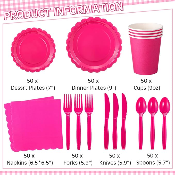Ziliny 350 Pcs Hot Pink Plates and Napkins, 50 Guest Breast Cancer Awareness Party Supplies Include Scalloped Paper Plates Napkins Cups Plastic Spoons Forks Knives Disposable Tableware Set for Women