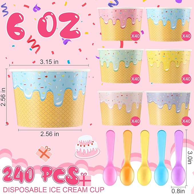 Jingmore 240 Set Paper Ice Cream Cups Bulk with Spoons 6 oz Disposable Sundae Bowls Colorful Paper Dessert Cups Containers for Snack Yogurt Soup Summer Bar Party Supplies