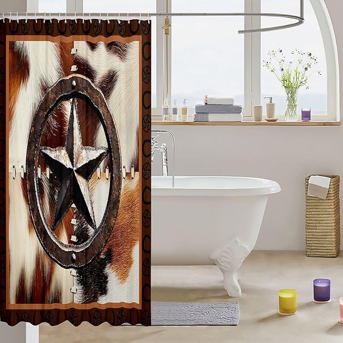 Feelyou Farmhouse Cowhide Shower Curtain for Kids Boys Girls Cow Fur Star Print Bathroom Shower Curtain Set Western Farm Animal Skin Bath Curtain Decor Grid Brown Kids Bathroom Accessories 72"x84"