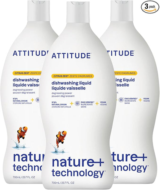 ATTITUDE Dish Soap, EWG Verified, Plant-Based & Vegan Dishwashing Liquid, Naturally Derived, Citrus Zest, 23.7 Fl Oz (Pack of 3)
