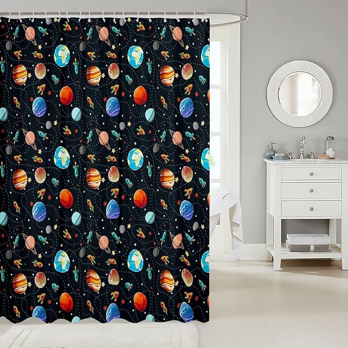 Feelyou Kids Galaxy Shower Curtain Outer Space Solar System Bath Curtain for Teens Decor Space Rocket Bathroom Shower Curtain Set Universe Planets Colorful Kids Bathroom Accessories 72"x72"