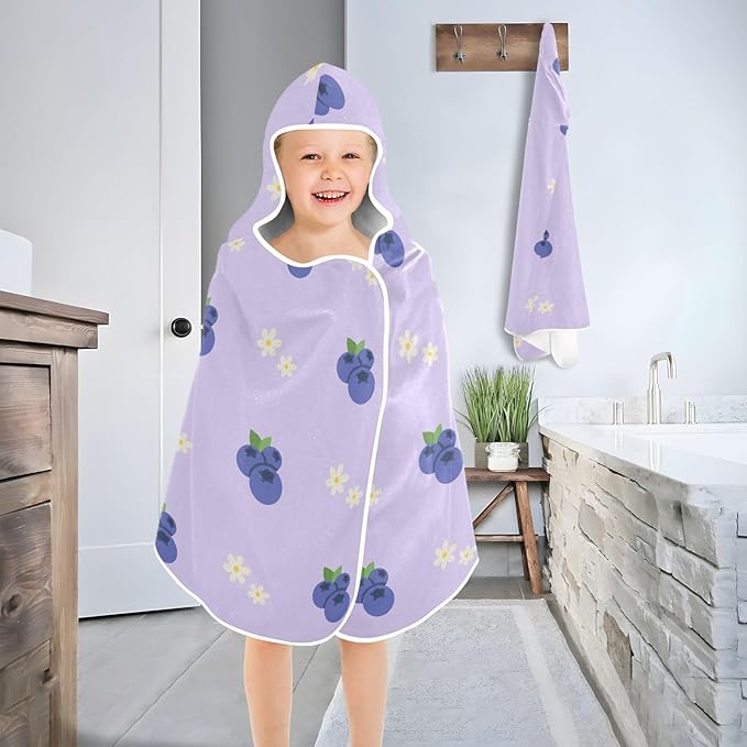 susiyo Kids Hooded Bath Towel Blueberry Beach Towel for Kids 23.5 x 50 Inch Microfiber Soft Absorbent Quick Dry Bath Swim Pool Towel Wrap Poncho Bathrobe with Hood for Kids Toddler